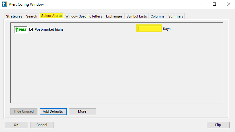 Post-market Highs Alert Custom Settings