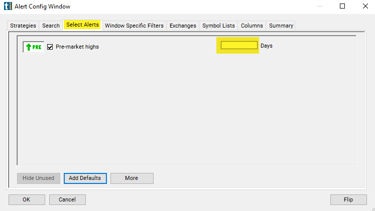 Pre-market Highs Alert Custom Settings