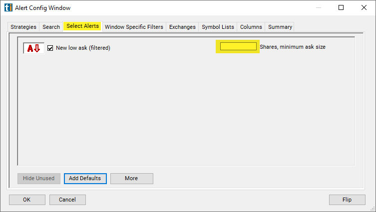 New Low Ask (filtered) Alert Custom Settings