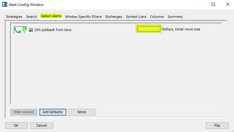 25% Pullback from Lows Alert Custom Settings