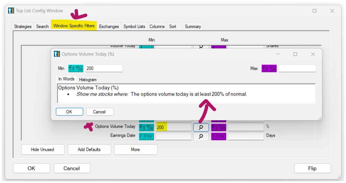 Scan with Options Volume % Filter