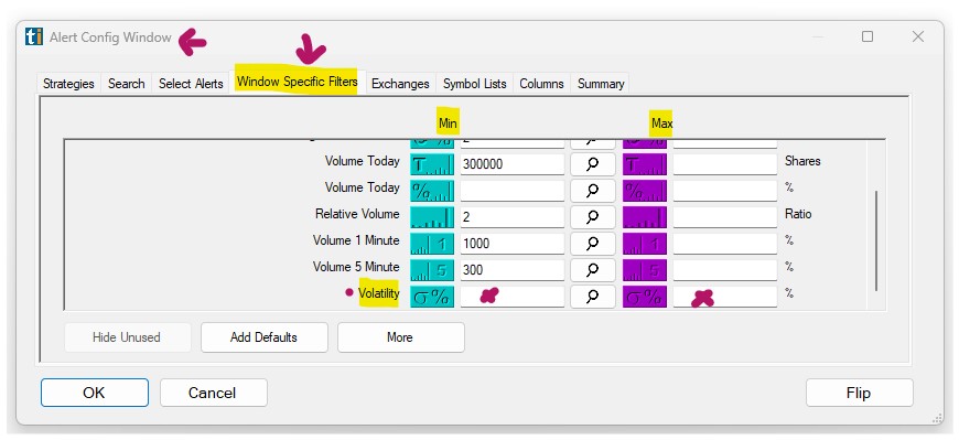 Configuring the Volatility in % Filter